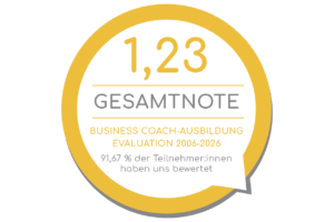 Button Gesamtnote 1,23 als Ergebnis der Evaluation der Business Coach-Ausbildung Spurrillenwechsel® erlernen von 2006 - 2026 - News | DR. EVA KINAST® - Kaderschmiede für Führungskräfte & Coaches