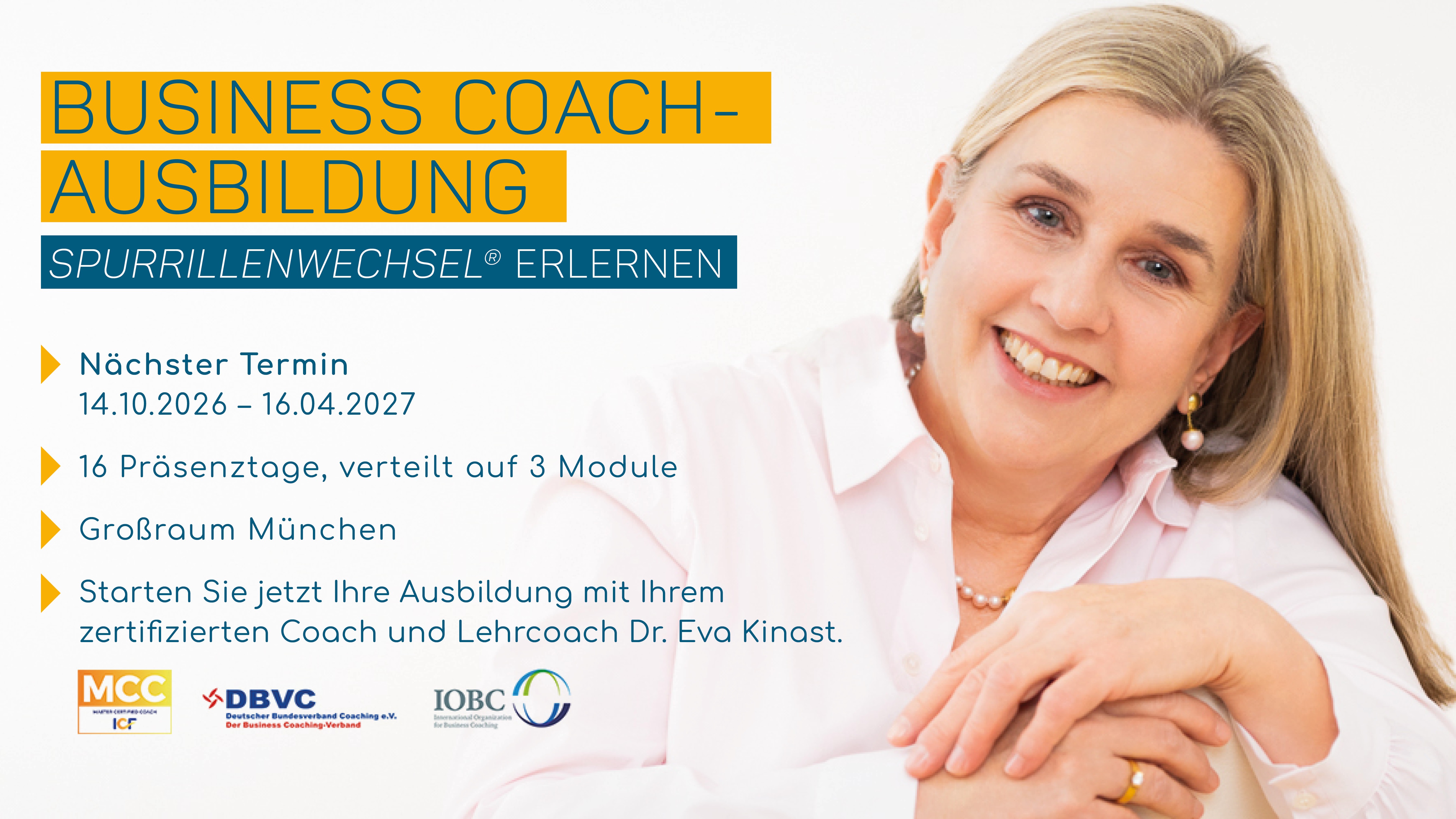 Was ist ein Spurrillenwechsel? Werbebild zur Business Coach-Ausbildung Spurrillenwechsel® erlernen mit Dr. Eva Kinast, Ausbildungszeitraum vom 14. Oktober 2026 bis 16. April 2027 im Großraum München.